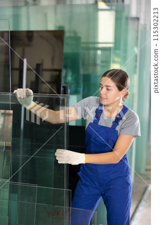 Female employee inspecting glass sheets in production workshop Female employee inspecting glass sheets in production workshop 115302213