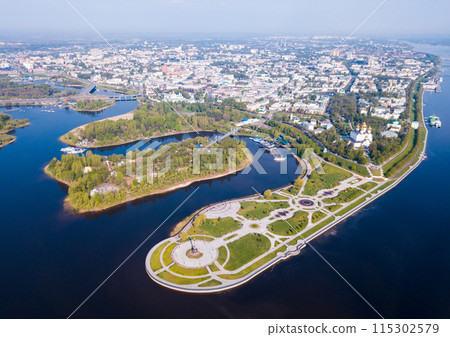 Aerial view of Yaroslavl with Assumption Cathedral and Strelka park 115302579