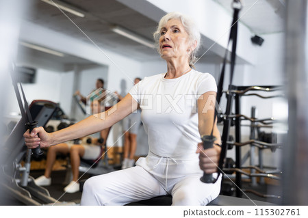 Active athlete mature woman during exercises on crossover exercise machine with loops and weighting Active athlete mature woman during exercises on crossover exercise machine with loops and weighting 115302761