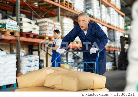 Elderly man loader with cargo cart loaded with bags Elderly man loader with cargo cart loaded with bags 115303251