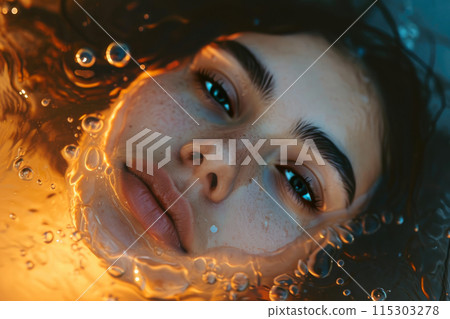 Glistening Grace: Warm Light on a Woman's Submerged Beauty Glistening Grace: Warm Light on a Woman's Submerged Beauty 115303278