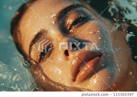 Sunlit Splash: Attractive Woman's Portrait Half-Underwater Sunlit Splash: Attractive Woman's Portrait Half-Underwater 115303397