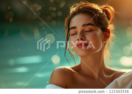 Radiant Tranquility: Woman's Joyful Spa Experience at Sunset 115303556