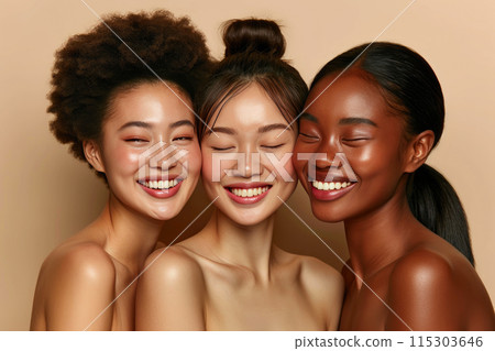 Radiant Beauty: Diverse Smiles on Beige 115303646