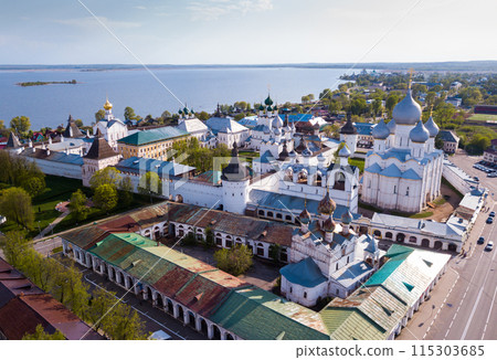 Aerial view of district of Rostov-on-don on riverside with church 115303685