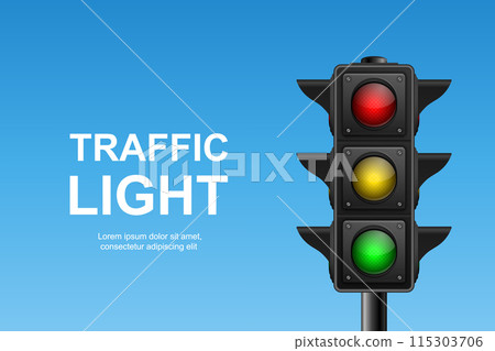 Vector Realistic Hanging Traffic Signal with Green, Yellow and Red Light. Traffic Light on Blue Sky Background 115303706