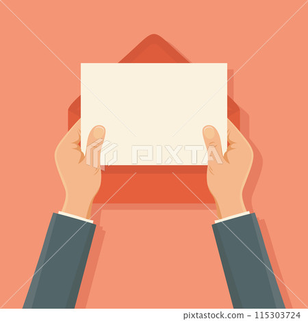 Flat Vector Illustration of Hands Holding a Blank Paper Sheet Out of an Envelope, Top View Flat Vector Illustration of Hands Holding a Blank Paper Sheet Out of an Envelope, Top View 115303724