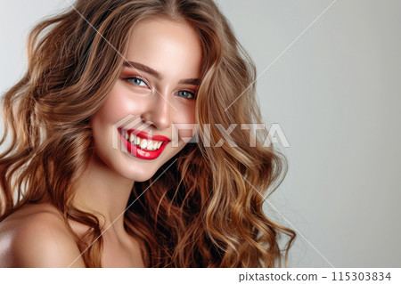 Radiant Beauty: Long Wavy Hair and Red Manicure 115303834