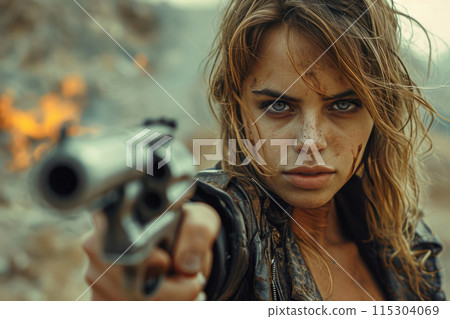 Fierce Female Gunslinger Amidst Fiery Apocalypse 115304069