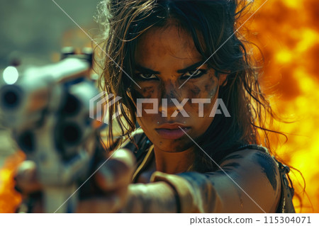 Silver-Armed Warrior Queen in a Blazing Battlefield 115304071