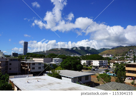 Kapahulu town in Honolulu with homes, condos, and mountains of Tantalus and St. Louis Heights Kapahulu town in Honolulu with homes, condos, and mountains of Tantalus and St. Louis Heights 115304155