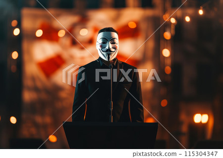 Mystery Man in Suit Speaking Behind Anonymous Mask Mystery Man in Suit Speaking Behind Anonymous Mask 115304347