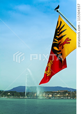 Flag of Geneva over Lake Geneva against the backdrop of the Jet 115304357