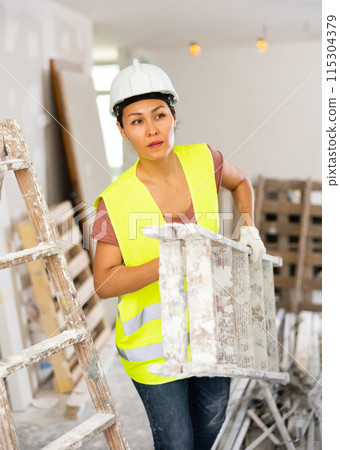 Female construction worker carrying ladder during renovation works Female construction worker carrying ladder during renovation works 115304379
