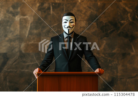 Business Anonymity: Suited Figure in Anonymous Mask Speaks Business Anonymity: Suited Figure in Anonymous Mask Speaks 115304478
