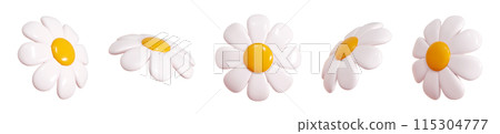 Daisy plastic flower flying in different angles of view cartoon icon 3d render illustration. Cute chamomile bubble bloom with white petals for spring and summer design. Abstract glossy balloon blossom 115304777