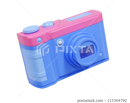 Photo camera icon 3d render illustration. Blue and pink pastel photography equipment with lens and buttons. hobby snapshot capture gadget for travel and tourism concept. Picture and video device. 115304792
