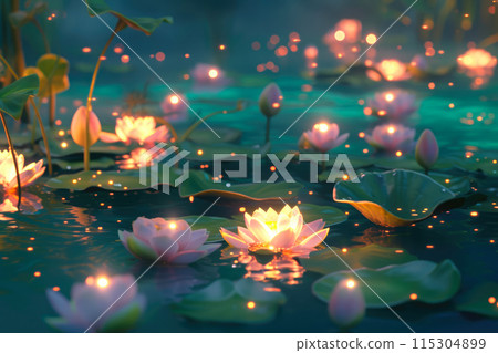 Tranquil Oasis: Illuminated Water Lilies Tranquil Oasis: Illuminated Water Lilies 115304899