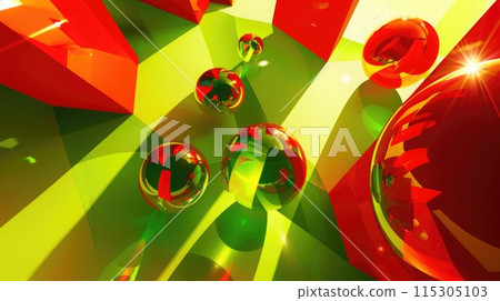 Floating spheres in a bright and dynamic 3D geometric design, intense red and lime green, sharp shadows, high definition. 3D geometric pattern Floating spheres in a bright and dynamic 3D geometric design, intense red and lime green, sharp shadows, high definition. 3D geometric pattern 115305103