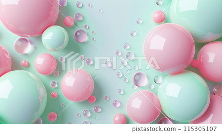 Gentle gradients in a calm pastel 3D geometric design with layered spheres, soft pink and mint green, high definition. 3D geometric pattern 115305107