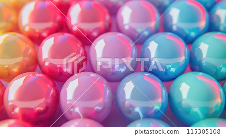 Vibrant tones and smooth gradients accentuate the symmetrical arrangement of colorful 3D geometric spheres, high resolution. 3D geometric pattern Vibrant tones and smooth gradients accentuate the symmetrical arrangement of colorful 3D geometric spheres, high resolution. 3D geometric pattern 115305108