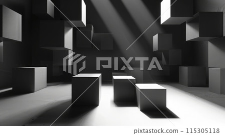 High definition minimalist 3D design featuring floating cubes with sharp shadows in a monochrome color scheme. 3D geometric pattern High definition minimalist 3D design featuring floating cubes with sharp shadows in a monochrome color scheme. 3D geometric pattern 115305118
