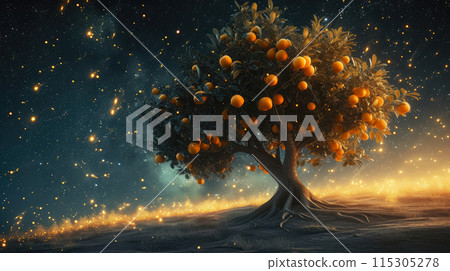 Luminous Harvest: Enigmatic Tree with Glowing Gold Fruits Luminous Harvest: Enigmatic Tree with Glowing Gold Fruits 115305278