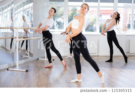 Group of slender women of different ages are learning various dance and ballet movements in studio Group of slender women of different ages are learning various dance and ballet movements in studio 115305315