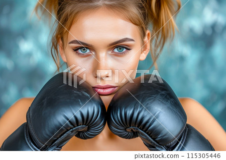 Empowered Female Kickboxer Training in Gym 115305446
