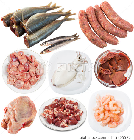 Raw meat, poultry fish isolated on white background, nobody Raw meat, poultry fish isolated on white background, nobody 115305572