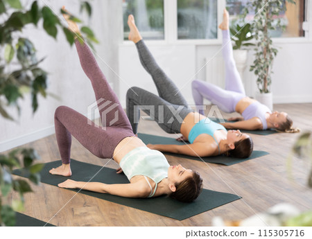Group of active women practice various yoga poses 115305716