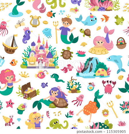 Vector mermaids seamless pattern. Underwater kingdom repeat background with princess, fish, castle, seaweeds, animals treasure, tortoise. Cartoon water, marine fairytale digital paper for kids 115305905