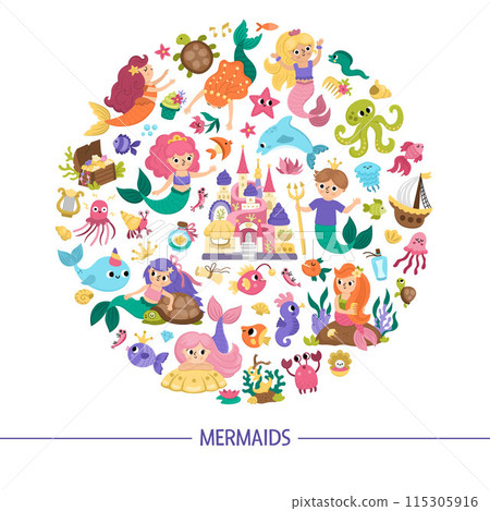 Vector round frame with mermaids. Underwater kingdom card template with princess, fish, castle, seaweeds framed in circle. Marine fairytale design for banners, invitations 115305916
