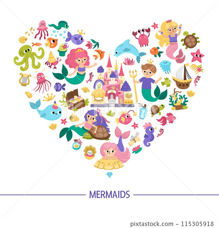 Vector heart shaped frame with mermaids. Underwater kingdom card template with princess, fish, castle, seaweeds. Marine fairytale card design for banners, invitations with love concept Vector heart shaped frame with mermaids. Underwater kingdom card template with princess, fish, castle, seaweeds. Marine fairytale card design for banners, invitations with love concept 115305918