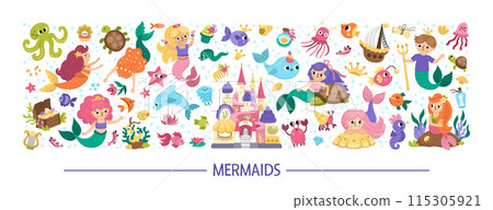 Vector horizontal set with mermaids, castle, water animals. Underwater kingdom card template design with ocean princess, prince. Marine fairytale characters for kids. Cute sea border with sirens 115305921