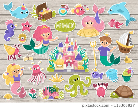 Vector mermaid stickers set. Underwater kingdom patches collection with princess, fish, castle, animals, treasure, tortoise. Cartoon marine fairytale characters on wooden background 115305927