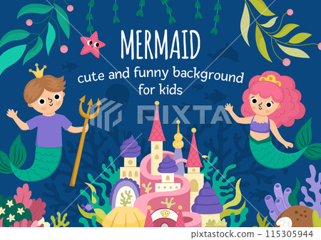 Vector landscape illustration with mermaid and boy with trident, crown. Ocean or sea kingdom scene with marine princess, prince, castle. Cute horizontal fairytale background or book cover for kids 115305944