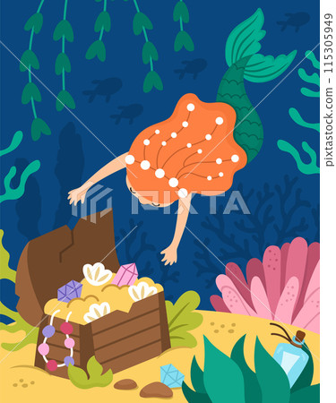 Vector landscape illustration with mermaid with red hair swimming to treasure chest. Ocean or sea kingdom top view scene with marine princess. Cute vertical fairytale background for kids 115305949