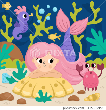 Vector landscape illustration with mermaid with pink hair talking to crab. Ocean or sea kingdom scene with seaweeds, seahorse, marine princess. Cute square fairytale background for kids 115305955