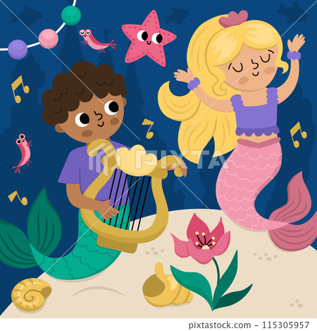 Vector landscape illustration with dancing mermaid and boy playing harp. Ocean or sea kingdom scene with seaweeds, starfish, marine princess and prince. Cute square fairytale background for kids 115305957