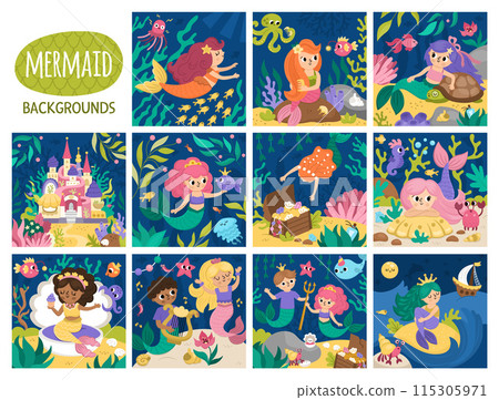 Vector set of landscape illustrations with mermaid. Ocean or sea kingdom scenes collection with marine princess, castle, treasure chest, prince. Cute square fairytale backgrounds for kids Vector set of landscape illustrations with mermaid. Ocean or sea kingdom scenes collection with marine princess, castle, treasure chest, prince. Cute square fairytale backgrounds for kids 115305971