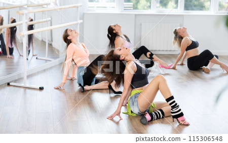 Woman with female perform dance in heels, squat down, actively repeat movements of instructor. Woman with female perform dance in heels, squat down, actively repeat movements of instructor. 115306548