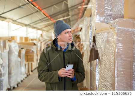 Warehouse worker standing at cardboxes and holding smartphone Warehouse worker standing at cardboxes and holding smartphone 115306625
