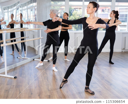 Woman practicing basic movements during group ballet class Woman practicing basic movements during group ballet class 115306654