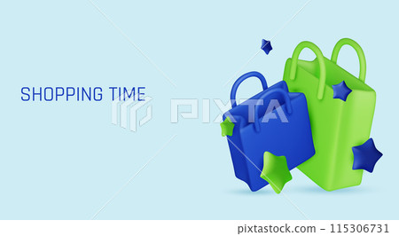 Set of Shopping bag realistic 3d design. Stylish fashionable bag isolated on white background. Vector illustration 115306731