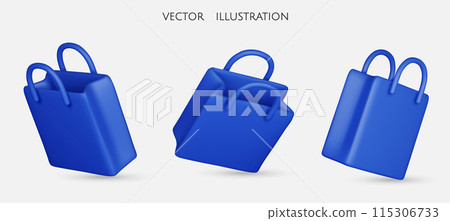 Set of Shopping bag realistic 3d design. Stylish fashionable bag isolated on white background. Vector illustration 115306733