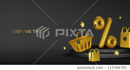 3d basket shopping with price tags for online shopping and supermarket concept. 3d basket products icon and promotion tag. Shopping bag for buy, sale, discount. 3d vector icon illustration 115306765