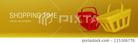 Cartoon shopping basket with percent sign . Minimal style grocery shopping cart. 3D render illustration 115306776