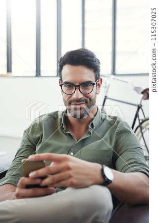 Business, portrait and man in office, smartphone and typing with social media, connection and digital app. Person, agent and consultant with cellphone, employee and message to contact and network 115307025