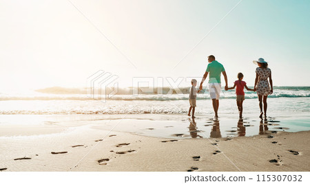 Happy family, walking and holding hands at beach in summer for relax, travel and holiday in Miami. Parents, children and people at ocean with back for vacation, trust and bonding together by water Happy family, walking and holding hands at beach in summer for relax, travel and holiday in Miami. Parents, children and people at ocean with back for vacation, trust and bonding together by water 115307032